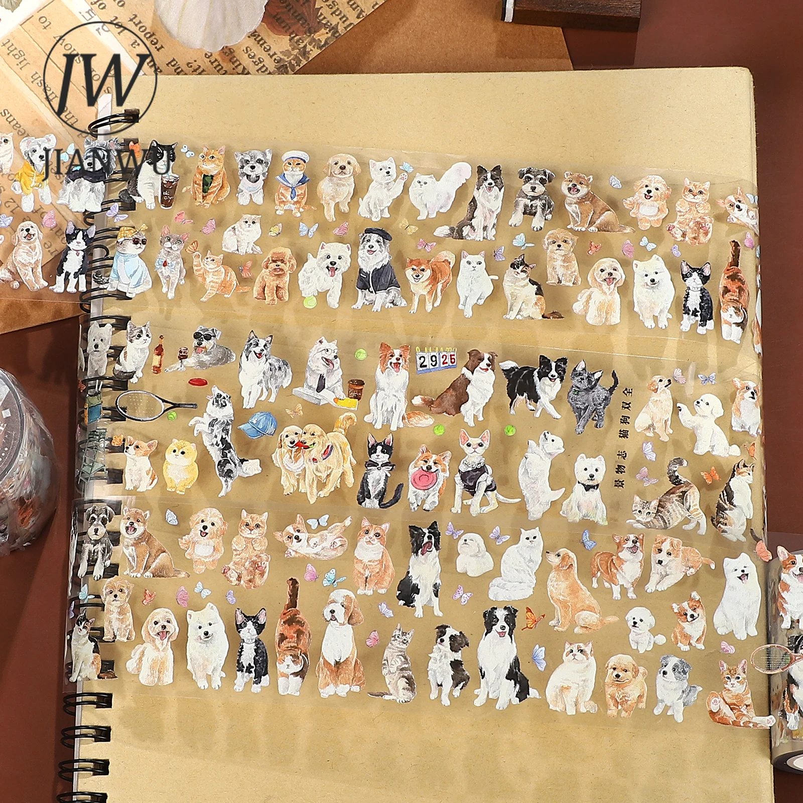 fita-adesiva-pet-jianwu-50mm-5m-vintage-com-gatos-e-caes-fofos-para-scrapbooking-colagem-e-papelaria-criativa-diy