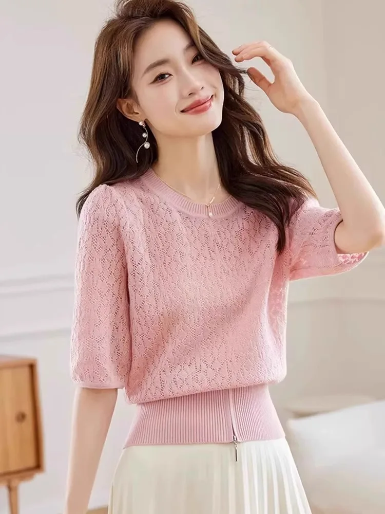 

Летний трикотажный топ из ледяного шелка 2025 года с круглым вырезом, дышащий, приятный для кожи, с молнией, в корейском стиле, прямого кроя.