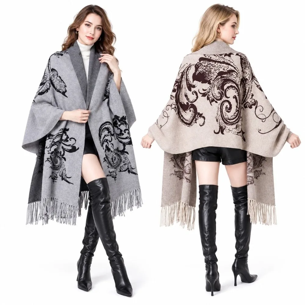 Versatile Thick Jacquard Cape Shawl Package Yarn Knitted Soft Knit Poncho Wrap Vintage Oversized Tassel Scarf Wrap For Women