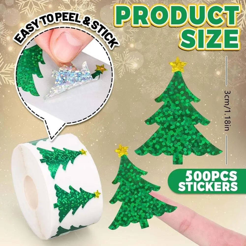 500pcs/roll Laser Type Christmas Stickers Snowman Christmas Tree Reflective Labels Waterproof Decorative Paper
