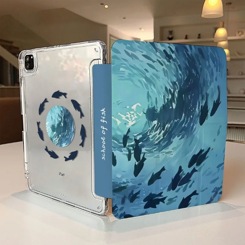 Underwater Fish Schools 3+Y Fold Clear Acrylic Shell for Xiaomi 5/5Pro 6/6Pro 11 Redmi SE 11 Pro 12.1 Xiaomi 7/7Pro 8/8Pro 11.2