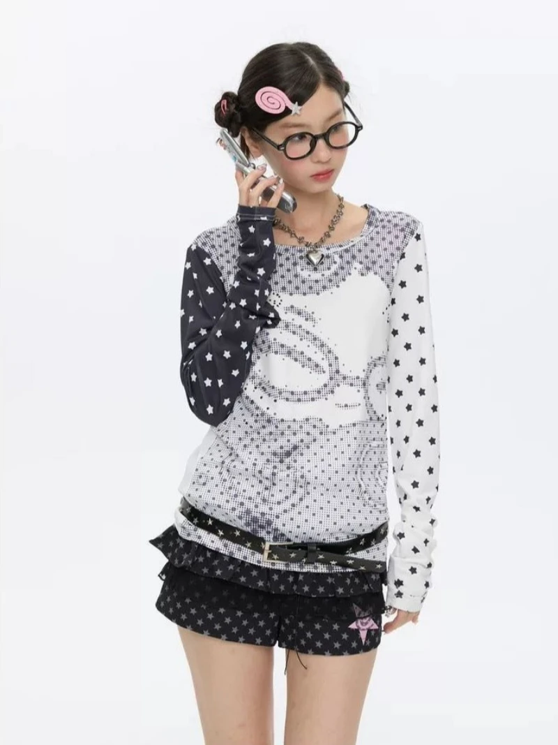 

Kawaii Anime Dot Print Long Sleeve Tops Graphic T Shirts Cuteore Clothing Women's Tee Shirt 2000s Clothes Youth Women's Blouses