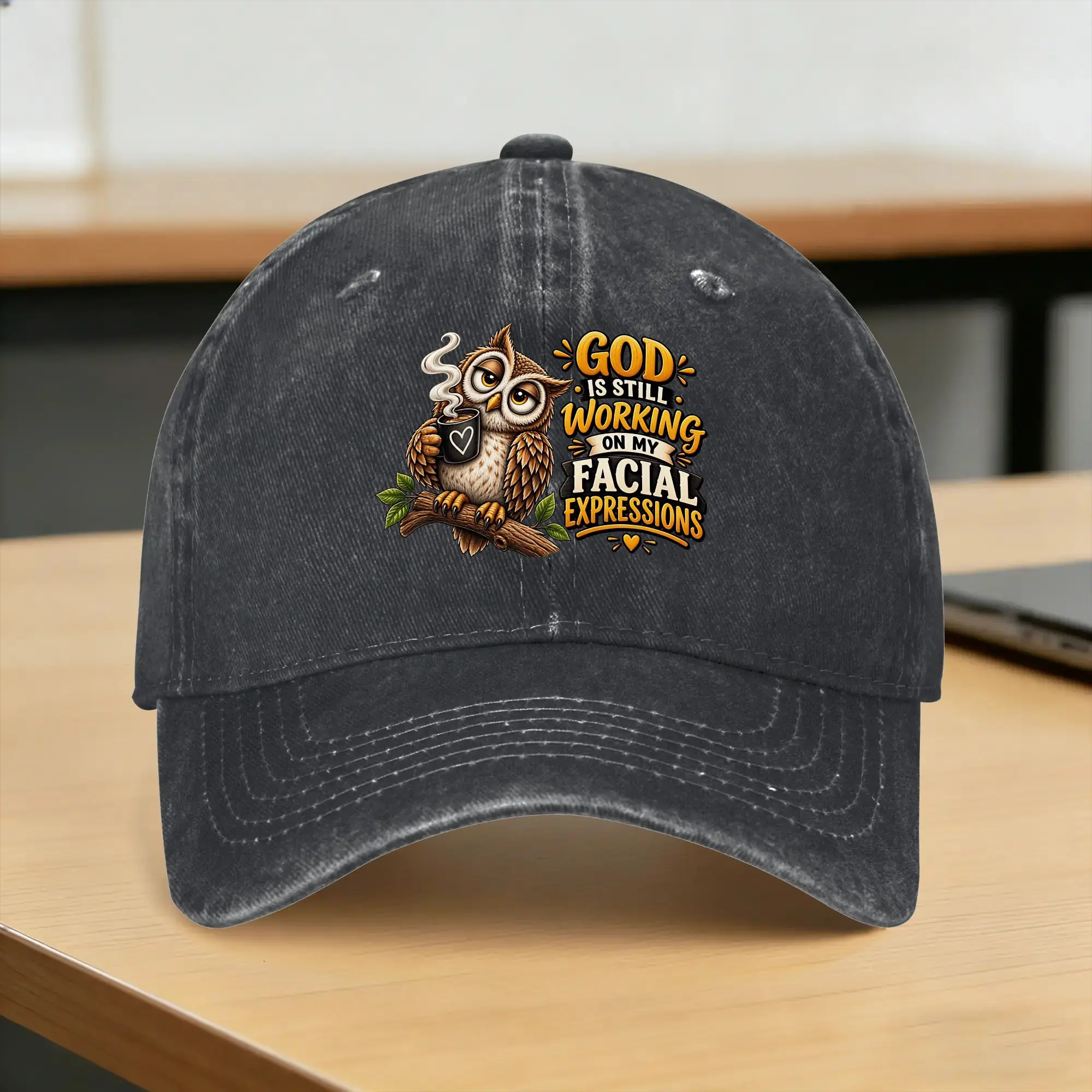 Summer God Is Still Working On My Facial Expressions Funny Owl Christian Faith Humor Baseball Cap Sun  Washed Trucker Hat