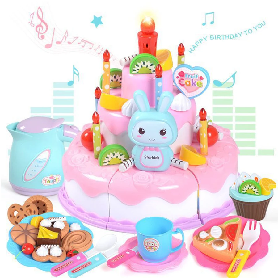 أضواء الأطفال الغناء DIY التظاهر كعكة الكوكيز مجموعة محاكاة ألعاب المطبخ قطع الفاكهة الغذاء لعب للطفل هدية عيد ميلاد