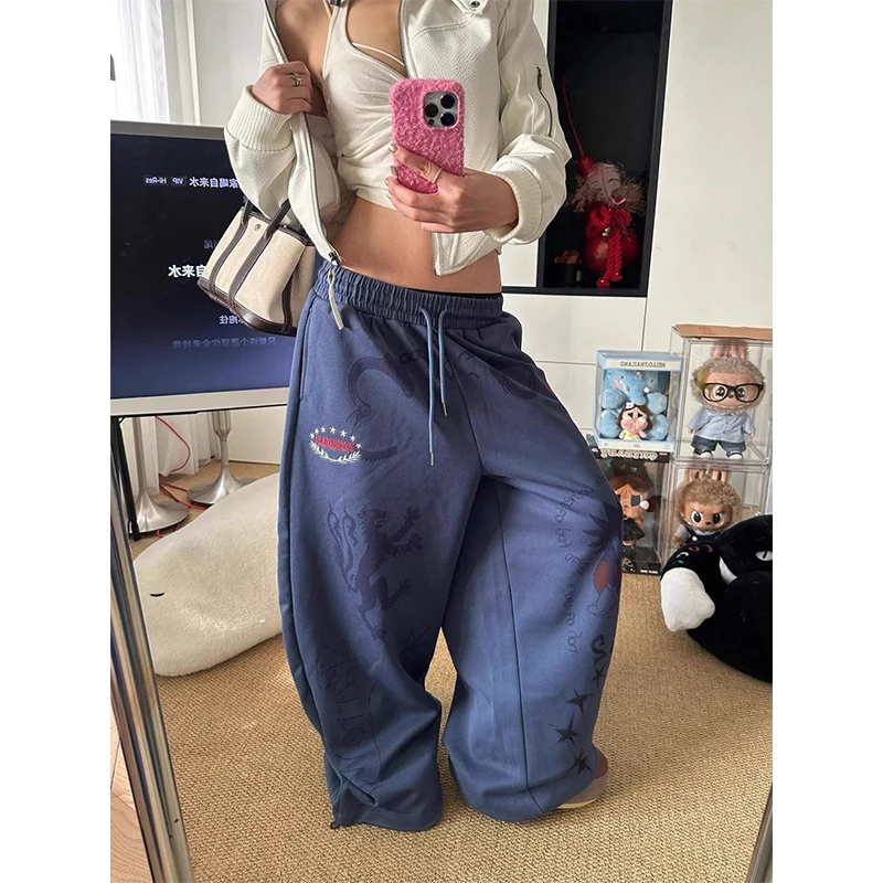 Y2K American Printed Women Wide Leg Pants Summer Thick Loose Drawstring Sweatpants High Waist Streetwear Straight Trousers Mujer