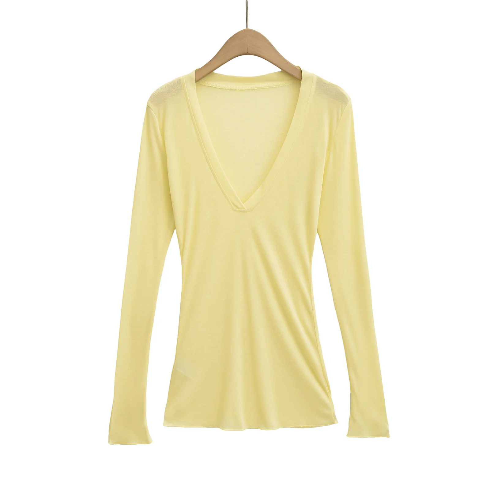 セクシーな深いVネックのロング丈Tシャツ、レディースインナーウェア、スリムフィット、ストリートスタイル、ピュアカラー、秋冬ファッショントップ