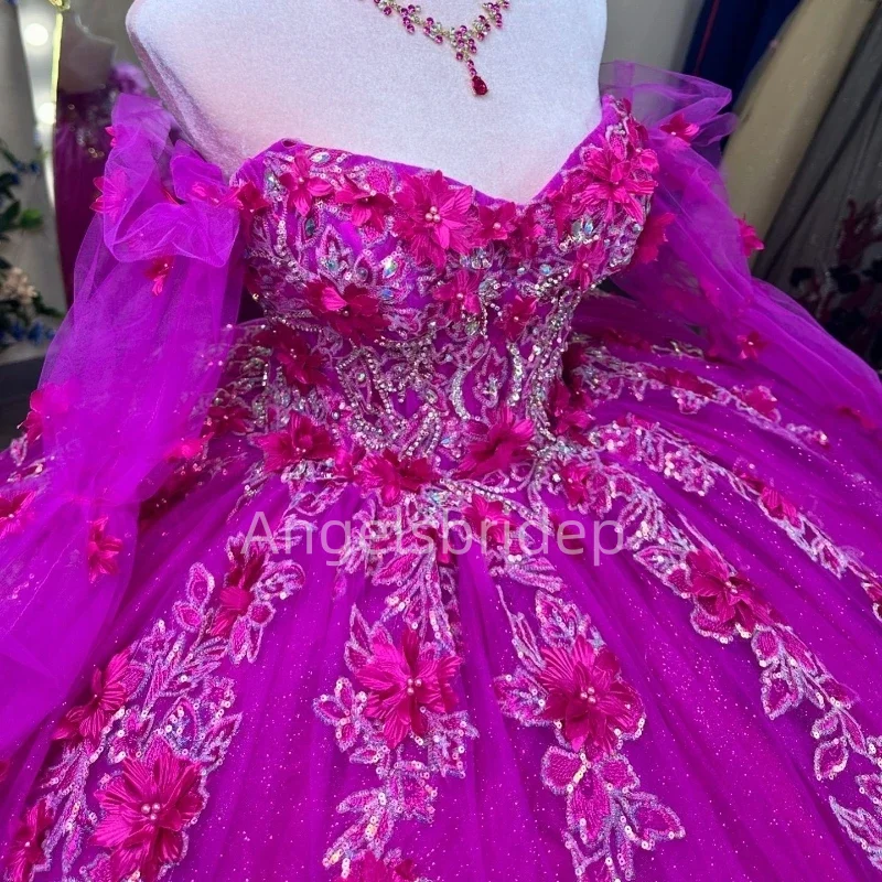 Angelsbride-Vestido de noite com apliques 3D, vestido de baile, vestidos Quinceanera, manga comprida, novo, 2022, 15