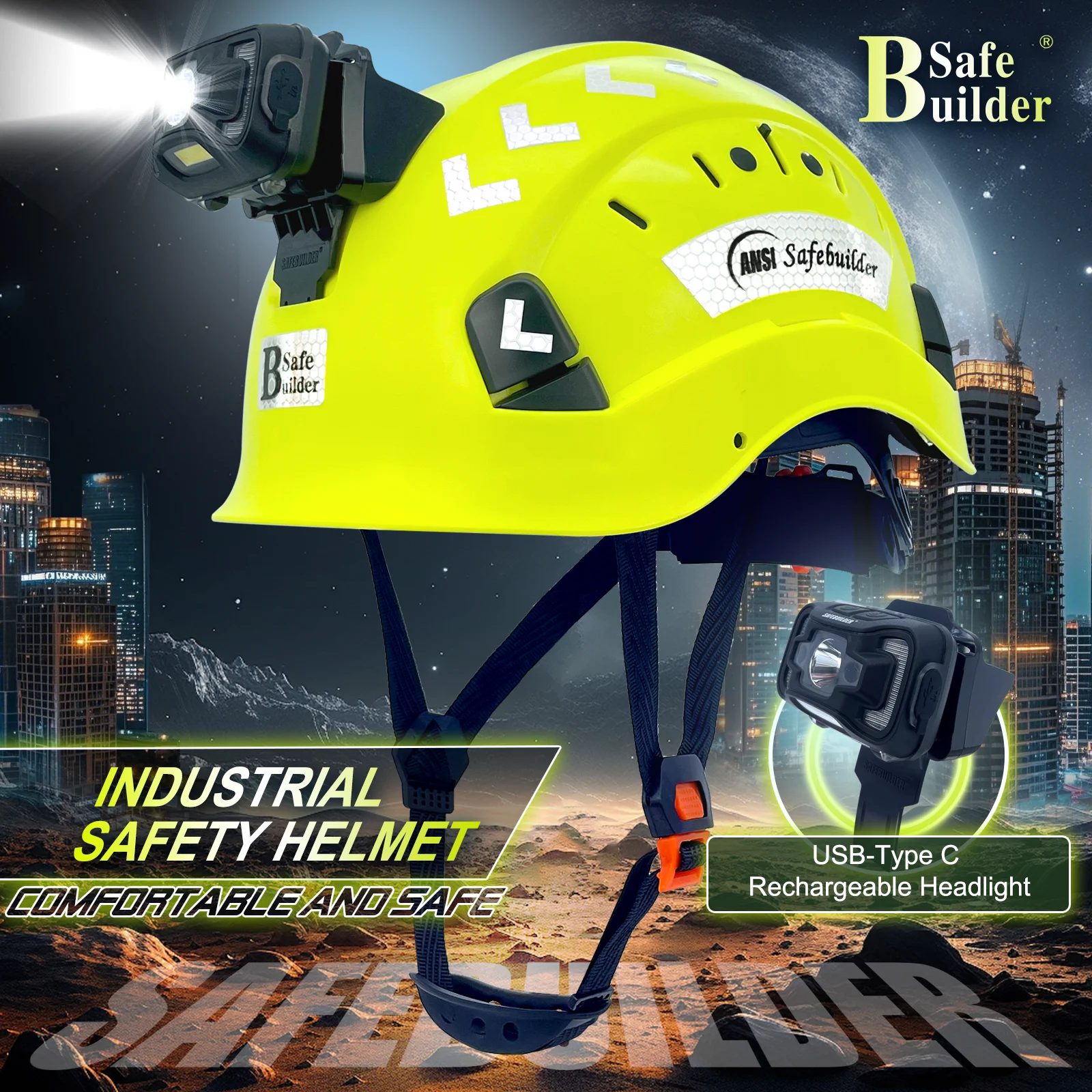 Safety Hard Hats with Headlight Lightweight Breathable Vented Safety Helmet with Headlamp for Construction Industrial Outdoor