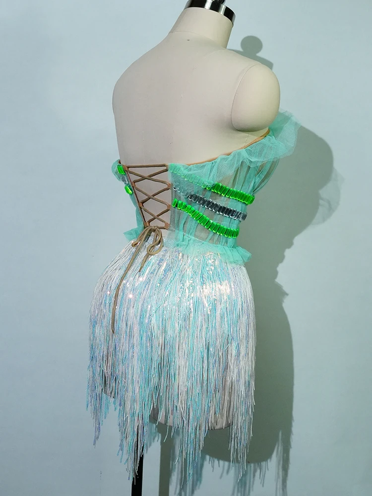 Nueva Falda corta de 2 piezas con borlas de Drag Queen de cristal Sexy vestido de fiesta de cumpleaños para mujer disfraz de escenario actuación de bailarina de Club