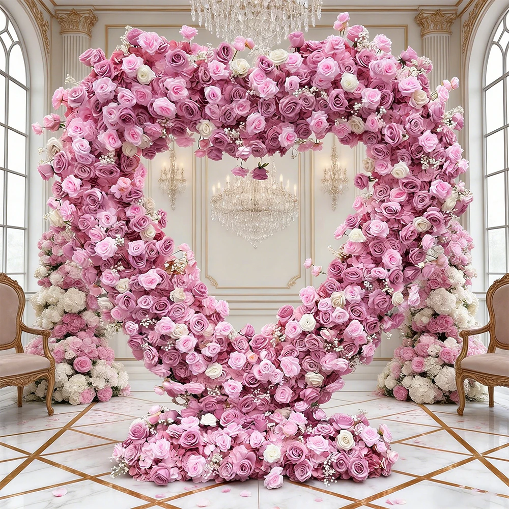 

2M Pink Heart-Shaped Artificial Flower Wedding Stage Background Decor Silk Flower Heart Arch for Hotel Wedding Ceremony