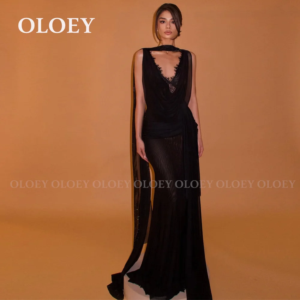 

OLOEY Sexy Black A Line Prom Dress with Scarf Deep V Neck Soft Tulle Wedding Party Gown Sleeveless Beading Customized