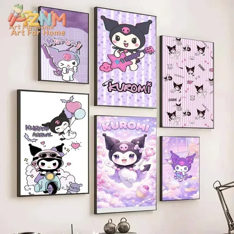 AZNM Kuromi Purple Grid Rock Guitar Canvas Poster Cute Cartoon Print Unframed Wall Painting for Girls Bedroom Home Decor