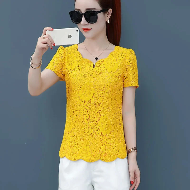 Tops blusas feminina korean spring autumn women vestidos sweet loose Short sleeve yellow lace shirts female