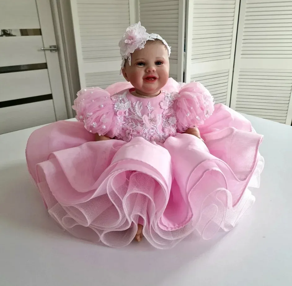 Vestidos de niña de flores rosas personalizados para boda, Apliques de encaje con cuentas, vestidos de fiesta de cumpleaños para niños de primera comunión