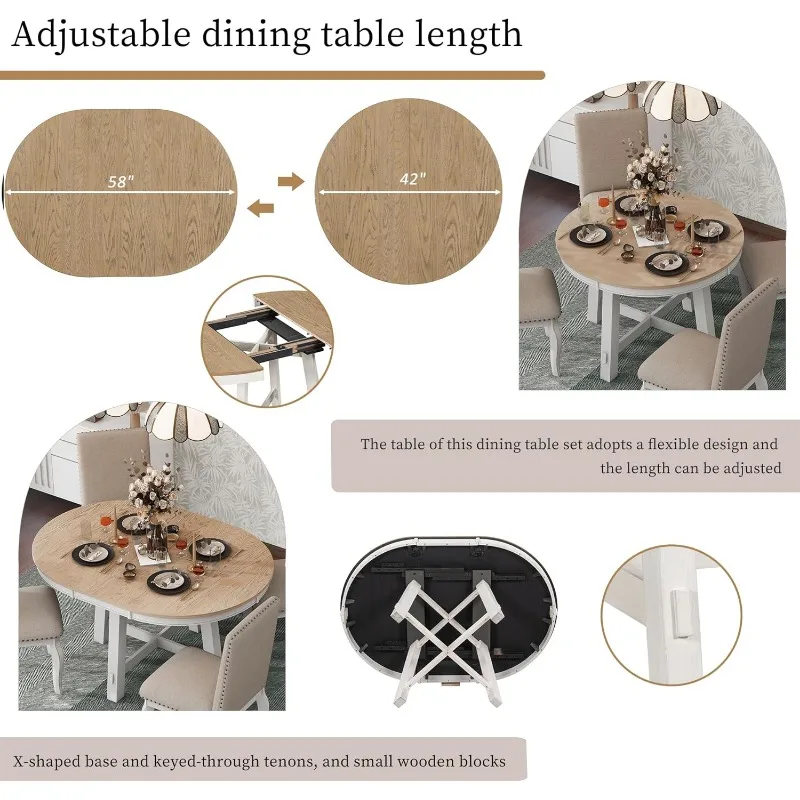 Conjunto de mesa de jantar de fazenda de 5 peças Mesa de jantar extensível redonda de madeira e 4 cadeiras de jantar estofadas