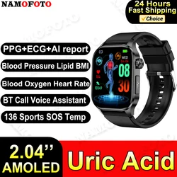 NAMOFOTO AMOLED BMI ECG 혈액 지질 압력 산소 SOS BT 통화 피트니스 스마트 워치, 남성용 스마트워치, 2.04 인치, 2024 신제품