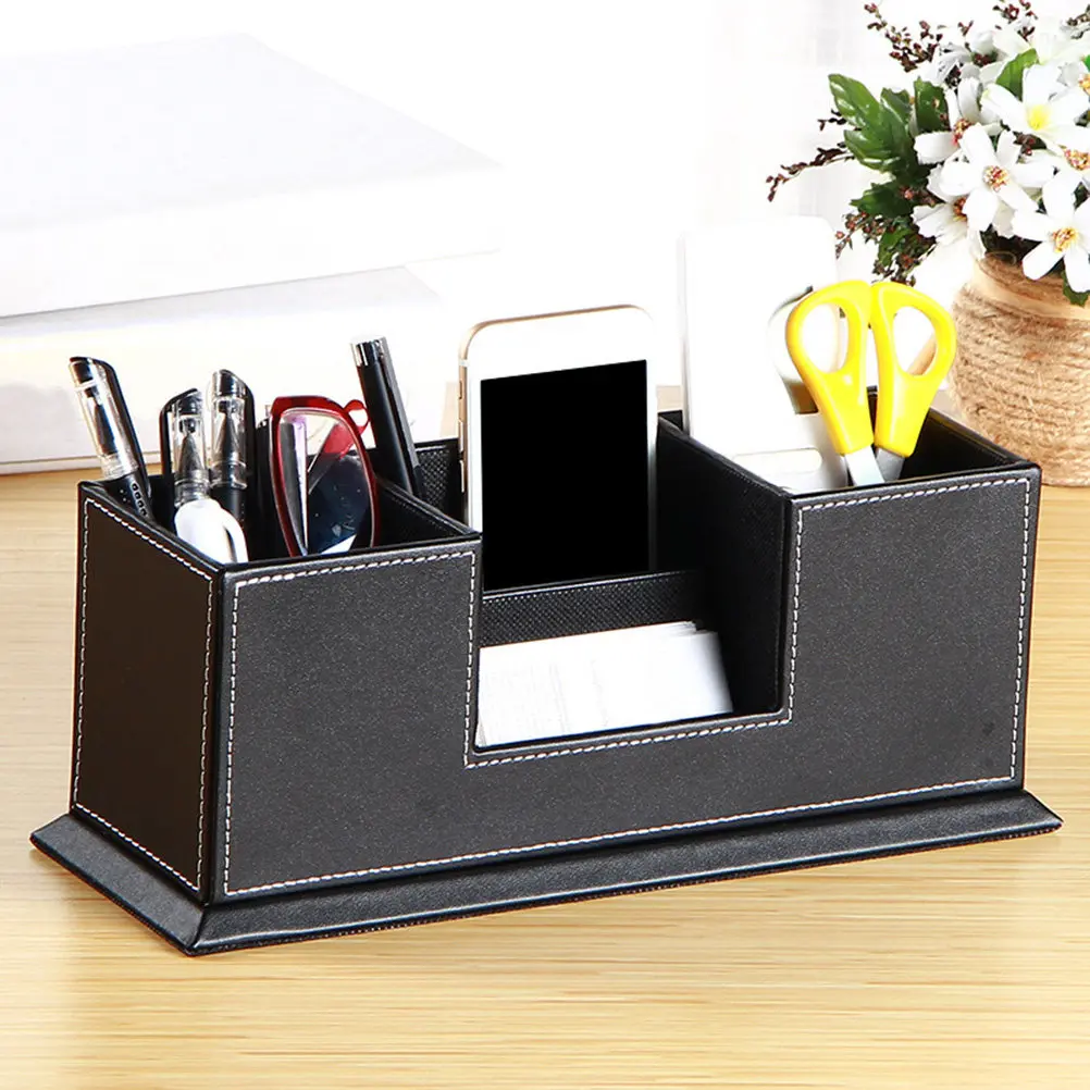 

Multifunction Pen Holder Double 4 Compartment Desktop Organizer Office Supplies Business Card Phone Pencil Storage Black