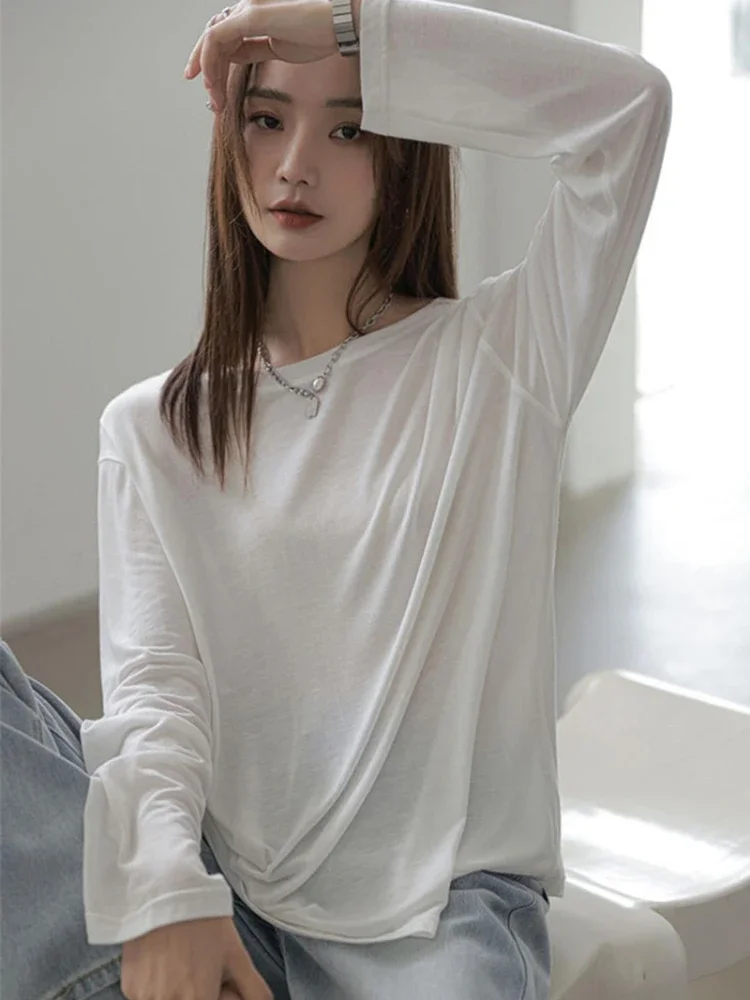 Solid T-shirts Women Spring Summer O-neck Long Sleeve Sun Protection Minimalist Thin Slim Loose All-match Simple Lazy Style Cozy