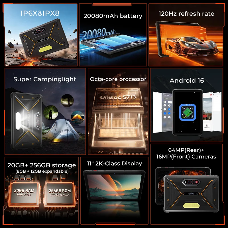 HOTWAV R9 Pro Max 5G Rugged Tablet 20080mAh Massive Battery Android 16 Pad 11'' FHD+ 120Hz 8GB 256GB Tablet PC With Stylus Pen