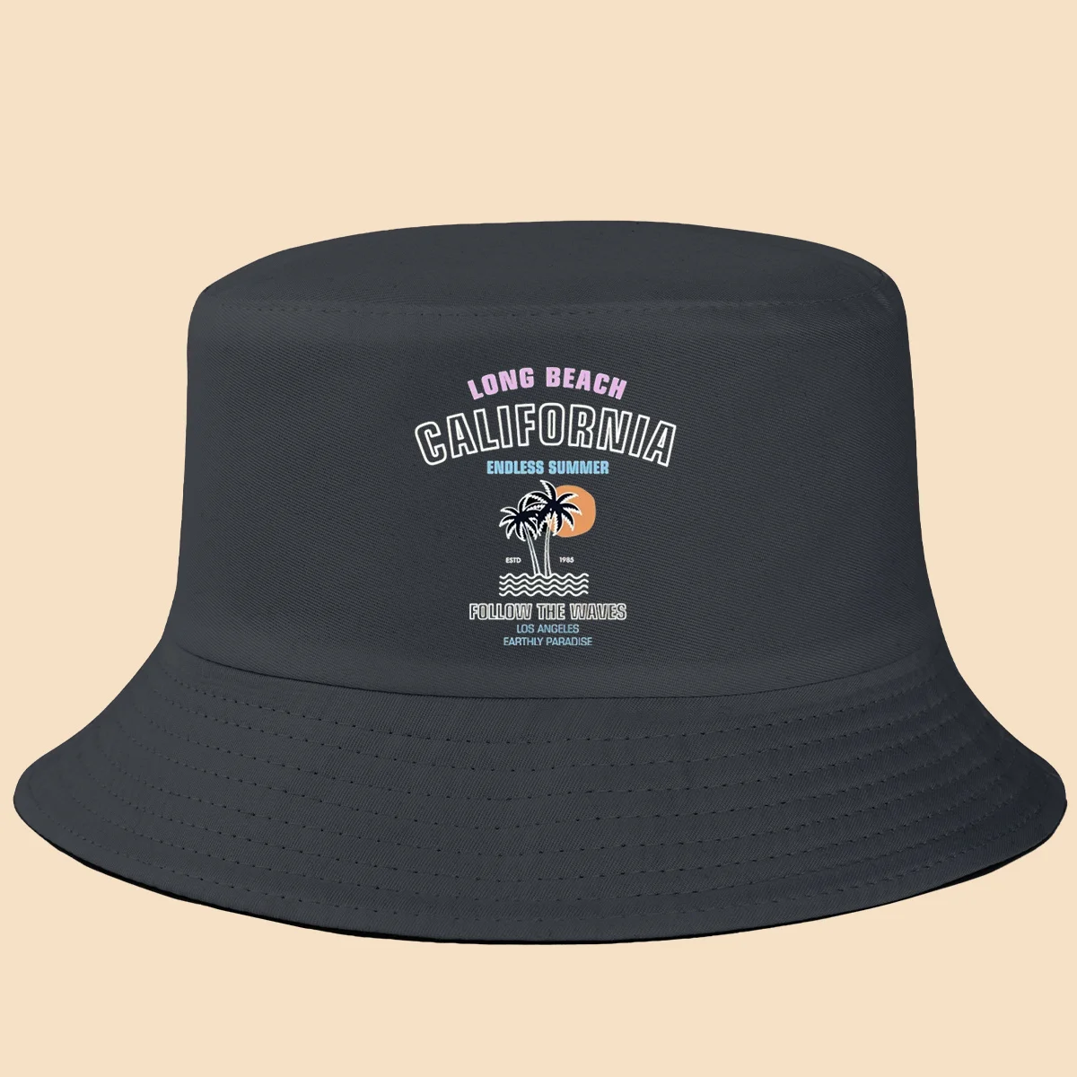 1 pieza de sombrero de pescador con estampado de letras y patrón de olas de cocoteros de Long Beach California, sombrero de sol moderno y a la moda, gorra de playa unisex, Vaca