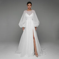 Customized Pearls Wedding Dresses Puff Sleeves Round Neck Back Criss Corss High Split A Line Organza Bridal Gowns Sweep Train