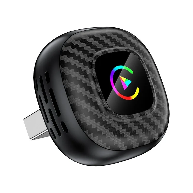 Carbon Fiber Texture AI Box CarPlay 2 in 1 Wireless Adapter for IPhone and Android Auto, with Buttons and Sound Reactive Light