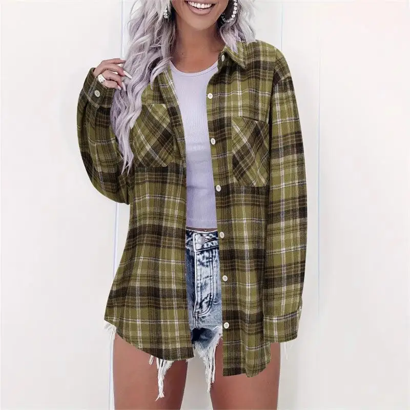 

Spring 2025 Women's Plaid Print Long Sve Turn-down Collar Open Cardigan Sweet Sle Thin Material Formal irt