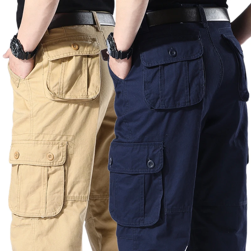 

Мужские свободные хлопковые рабочие брюки с высокой талией, повседневные брюки для улицы, износостойкие прямые брюки с несколькими цветами и манжетами