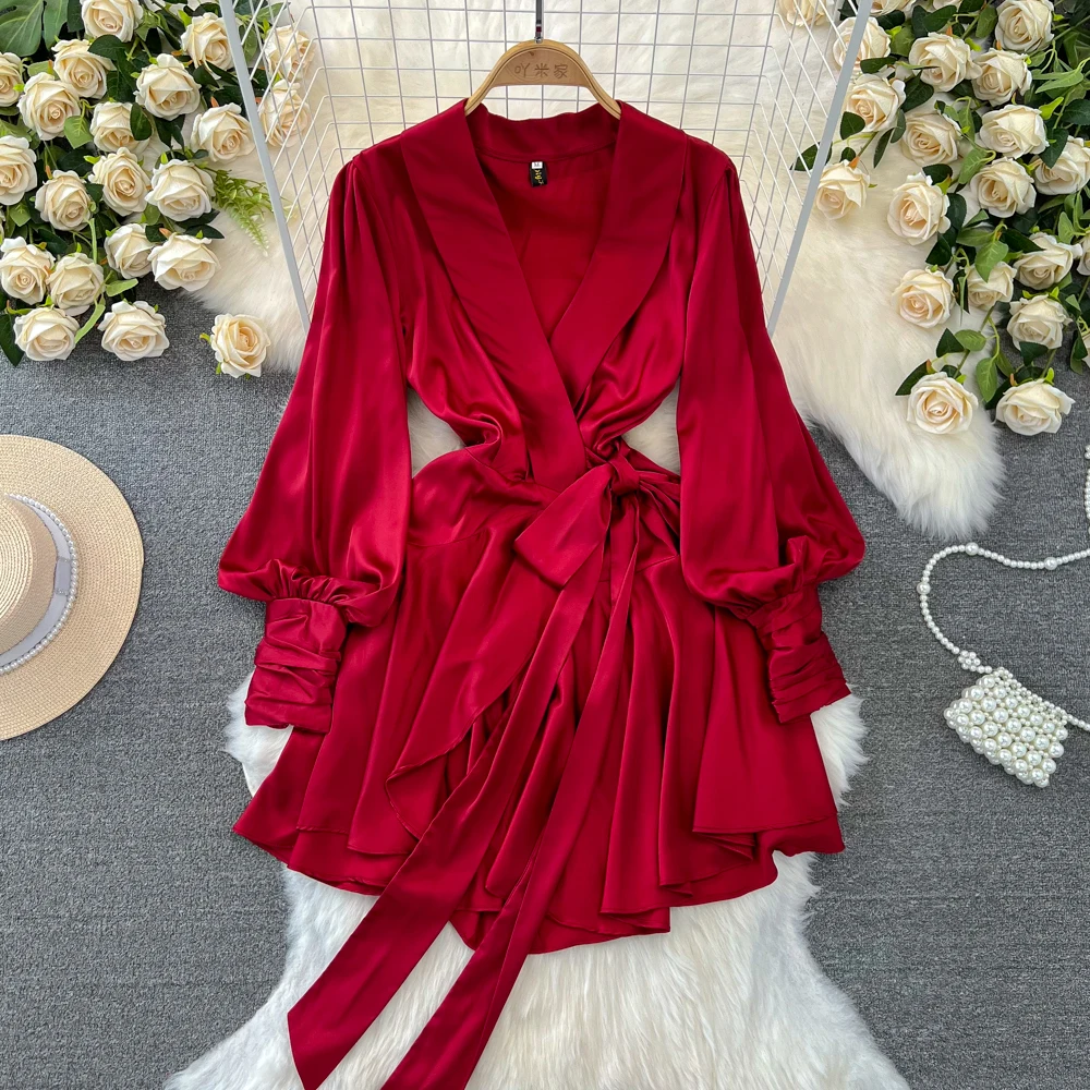 

Women's Satin Lace-up Ruffled Large Swing Lantern Long Sleeve V-Neck Collar Slimming Large Swing Fashion Dress