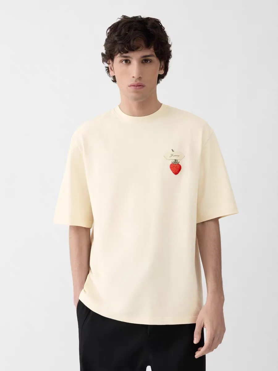 Loose Casual Short Sleeve round Neck T-Shirt Unisex Fruit Letter Print Comfortable Breathable Cotton Top for Youth Daily Wear