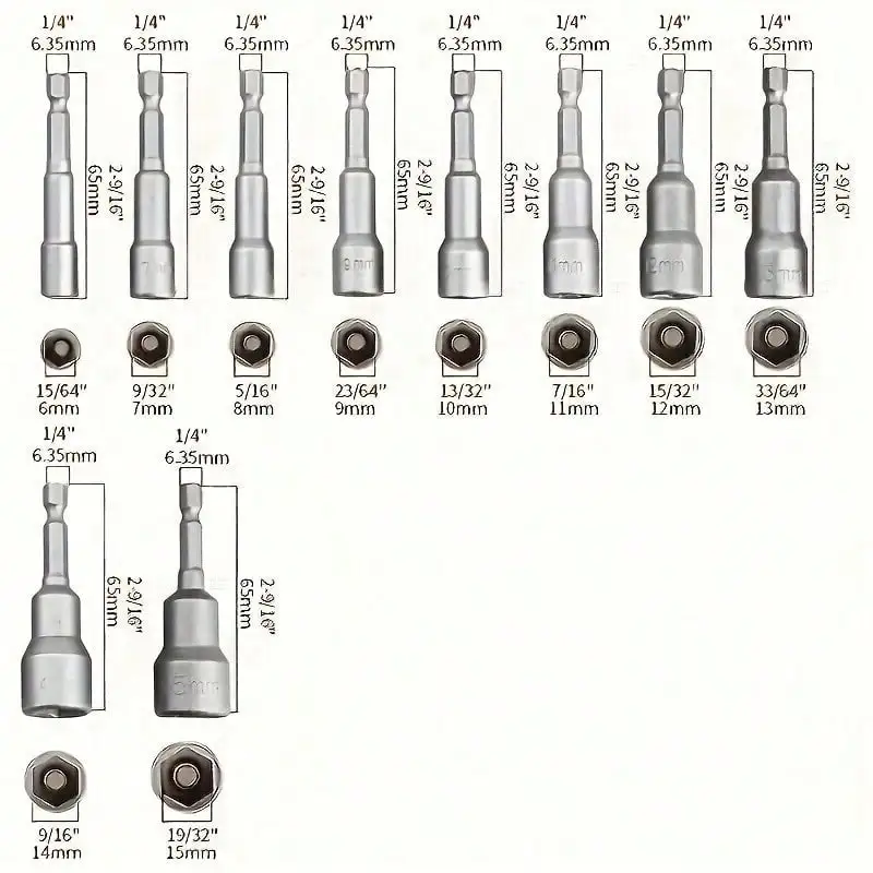 10pcs 6mm-19mm Impact Socket Magnetic Nut, Screwdriver 1/4 Hex Key Set Drill Bit Adapter For Power Drills, Impact Drivers Socket