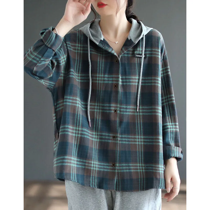 Women\'s Clothing 2023 Autumn and Winter New Splice Buttons Drawstring Long Sleeved Plaid Commuting Versatile Temperament Hoodie