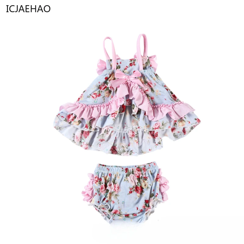 

ICJAEHAO New Baby Girl Clothes Baby Suit Overall Floral Clothes Set 3-24M Cotton Sleeveless Toddler Infant Ruffle Tops + Shorts