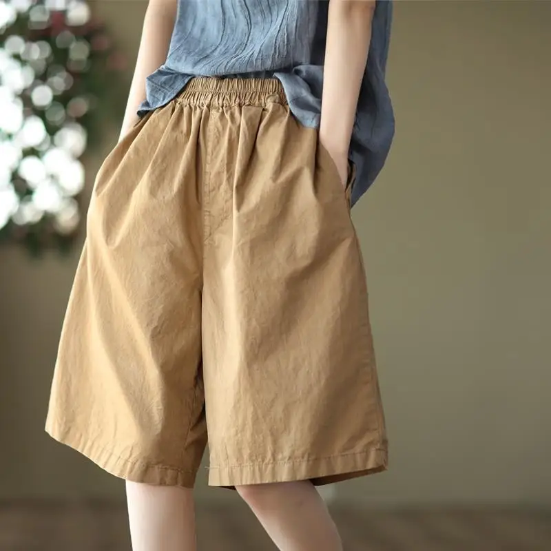 2025 New Summer Fashion Loose Cotton Linen Elastic Waist Women   Shorts Big Size High Waist Short Pants