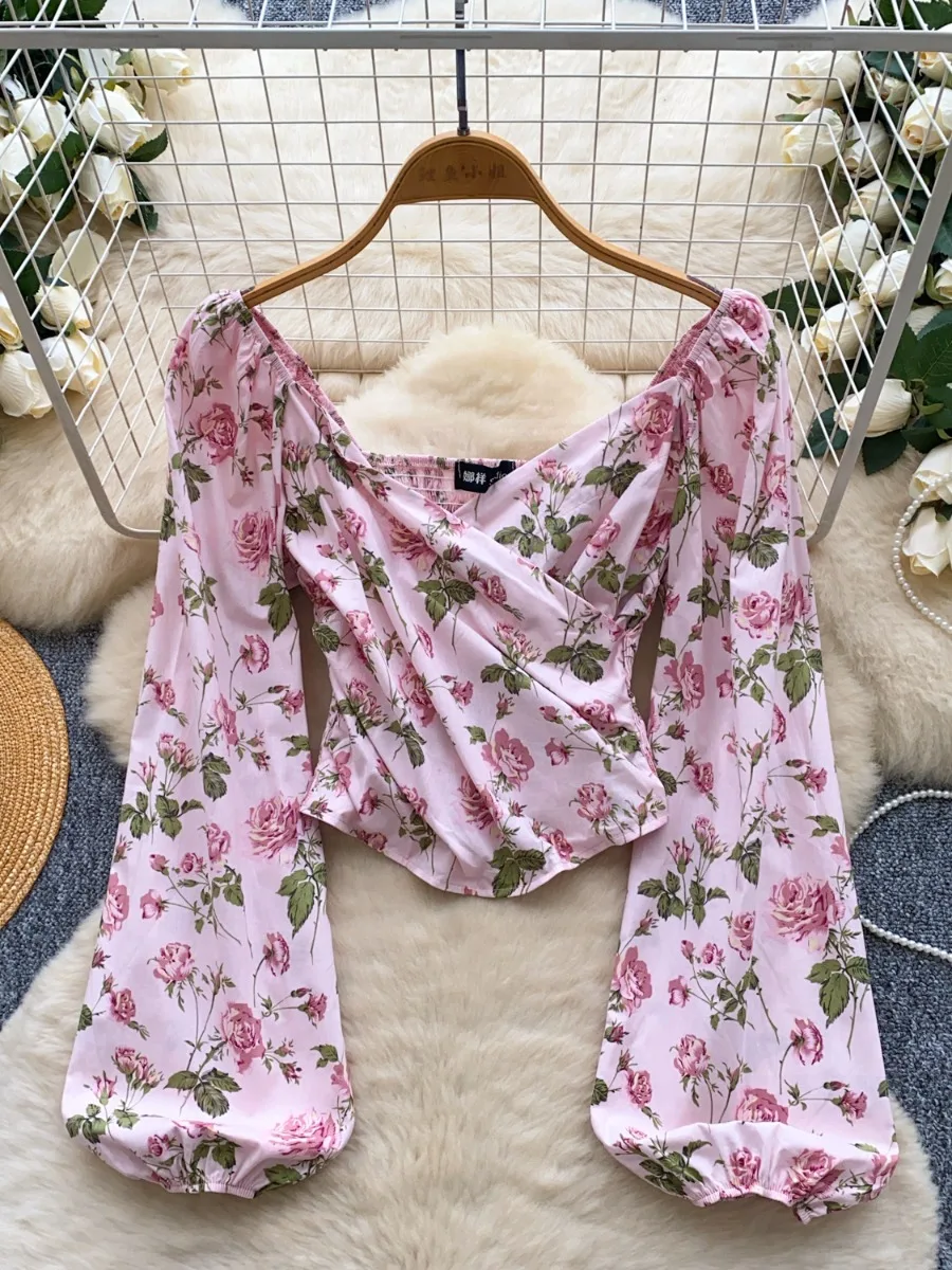 

Foamlina Осенняя блузка с пышными рукавами и крестом с V-образным вырезом, облегающая элегантная красивая блузка с открытыми плечами во французском дворцовом стиле с цветочным принтом