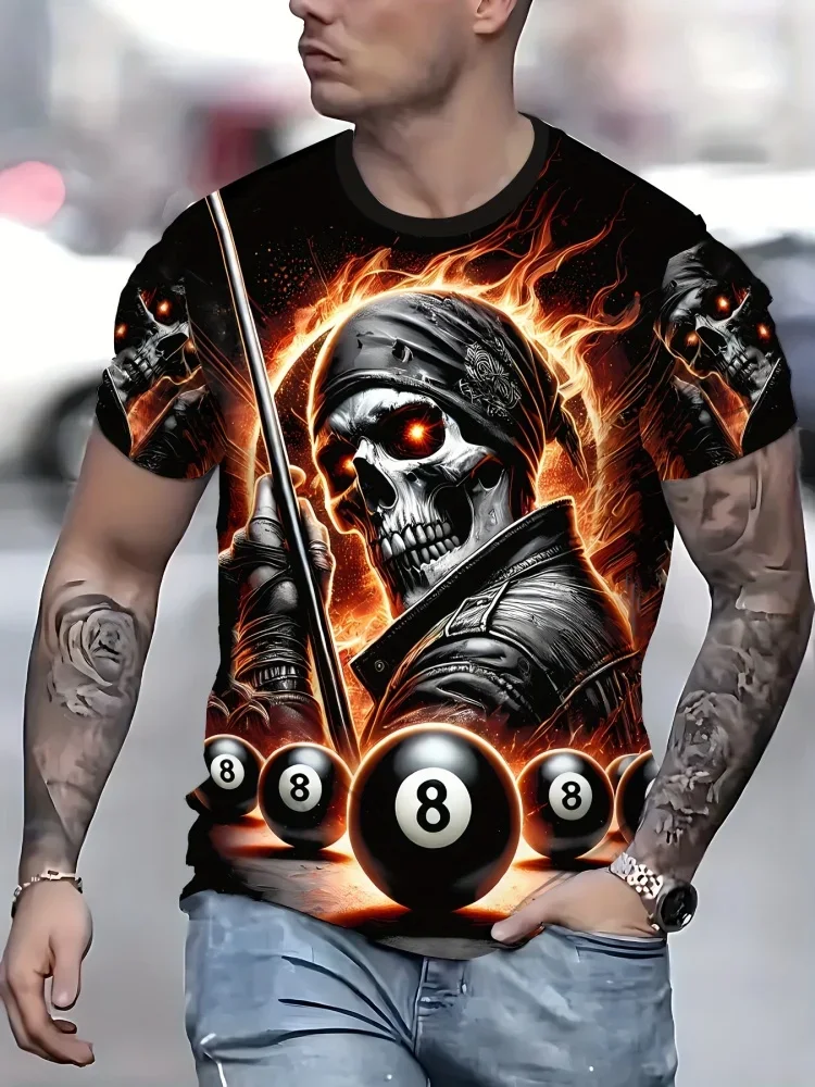 Modisches Neues Feuer-Totenkopf 8-Ball Billard Grafik-T-Shirt Retro Rock Poolspieler Kurzarm-Oberteil Lässiges Atmungsaktives Sport-T-Shirt