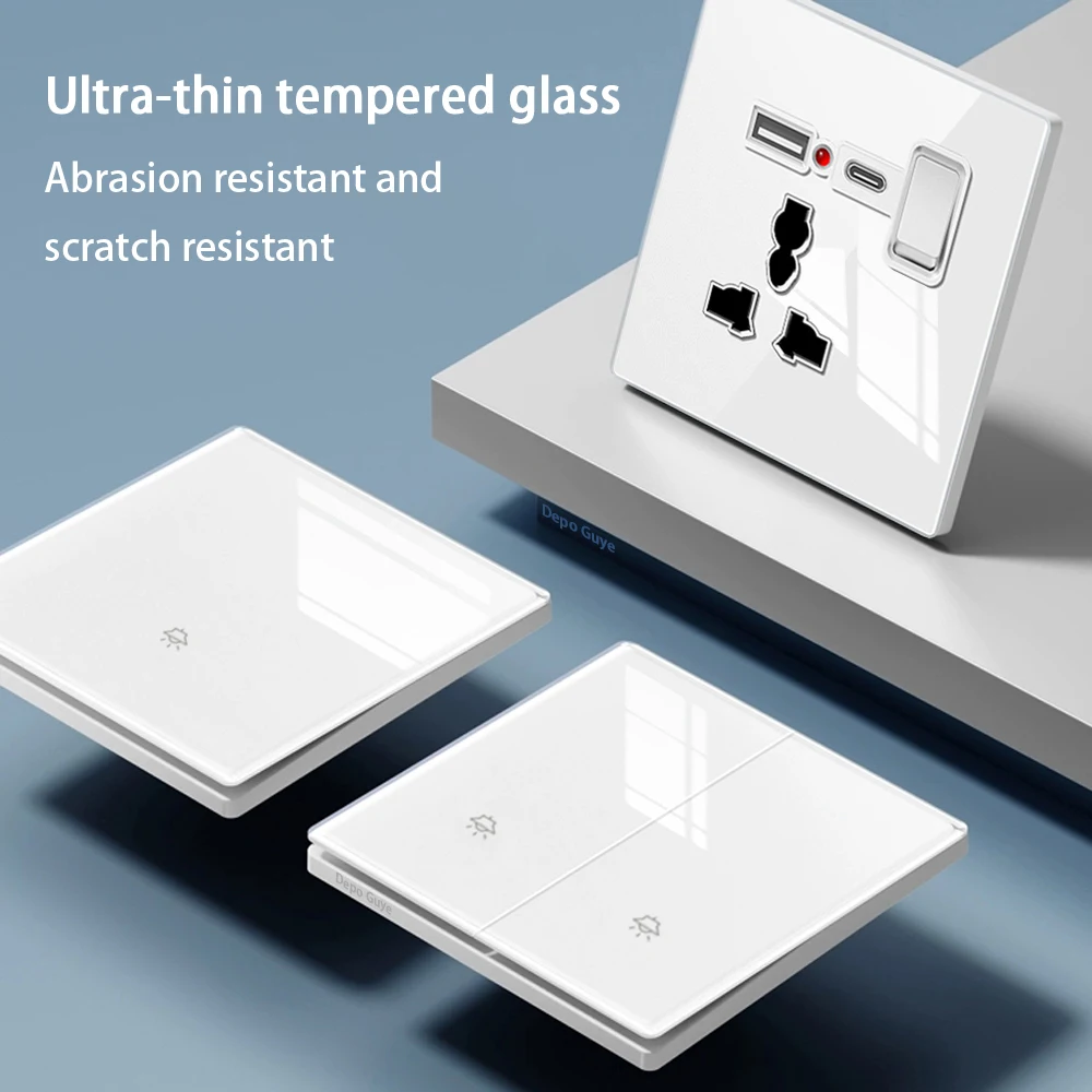 White Glass Wall button  Switch Panel EU UK Standard 16a Socket Large Panel Wall Light Switch Usb TypeC Socket Net TV Tel Socket
