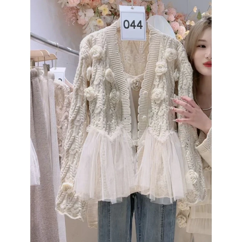 Women 3D Flowers Crocheted Mesh Ruffles Stitching Sweater Coat Gauze Ruched Spliced Hooked Knitted Cardigan Knitwear+Camis 2pcs