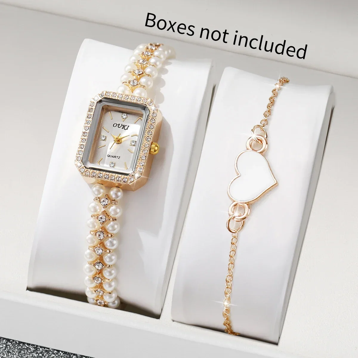 2PCS Elegant Square Women Watch Heart Bracelet Set Fashion Imitation Pearls Strap Quartz Wristwatch Relogio Feminino（Without Box