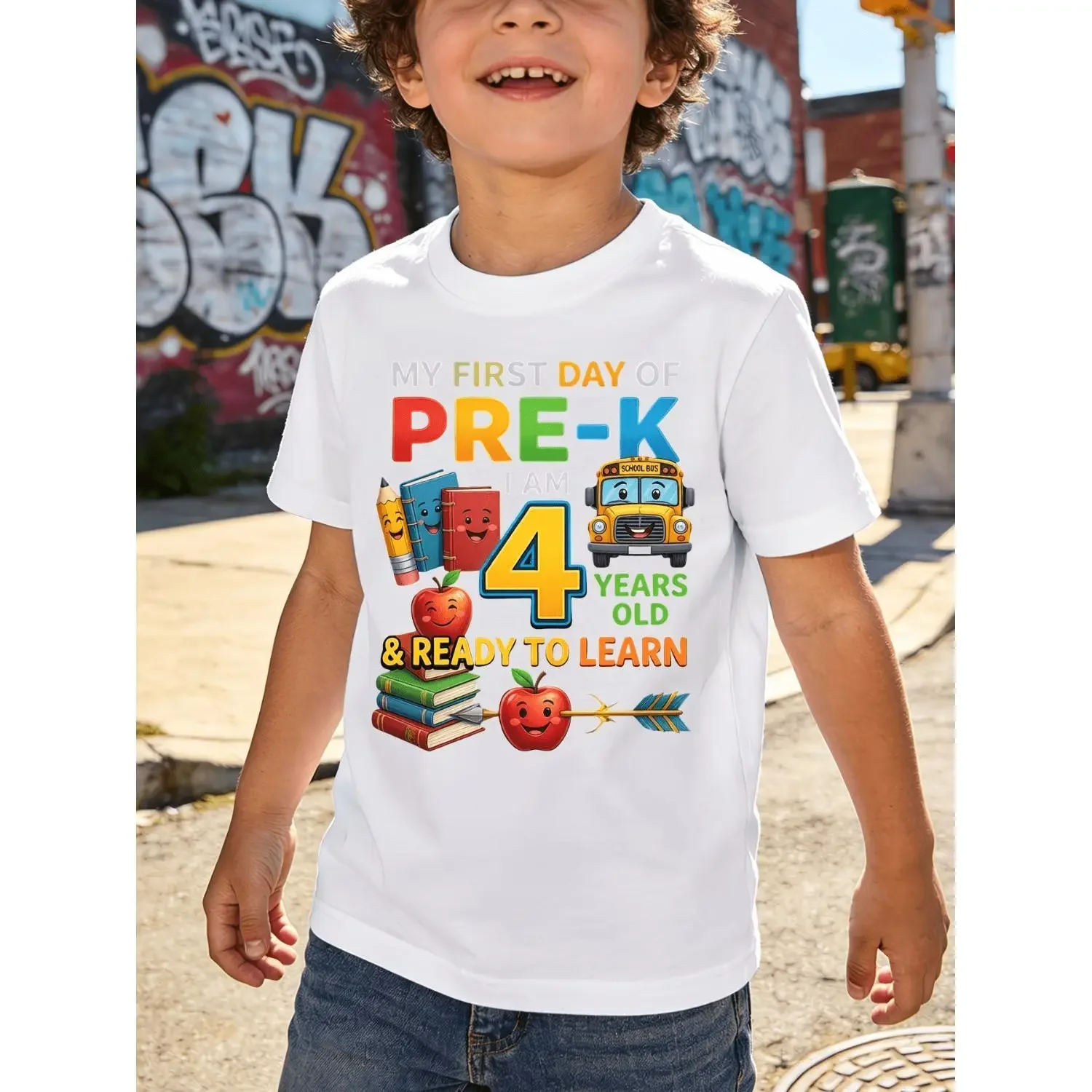 Cute Cartoon Print T-Shirt for Boys First Day of Pre-K, Black & White T-shirt for Kids, 100% Cotton, Boys Tee Shirts, Trendy Boys T-Shirt, Boys Summer T-Shirt, Outdoor Adventure Gear, After School Sports, Back to School