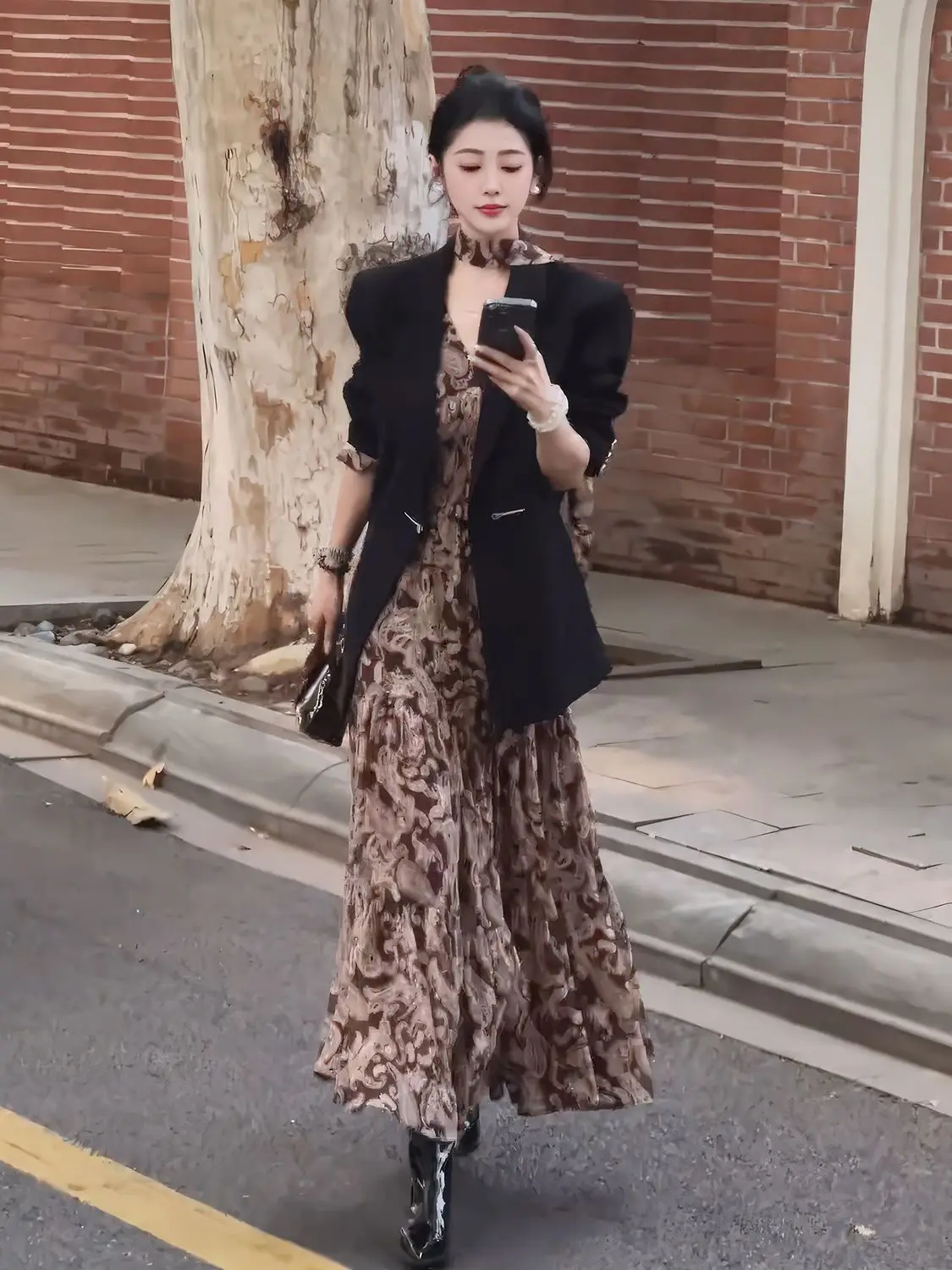 New High Quality Korean Fashion Women's Matching Set Lapel Long Sleeve Blazer Coat + Printed Sling Dress Office Lady Suit