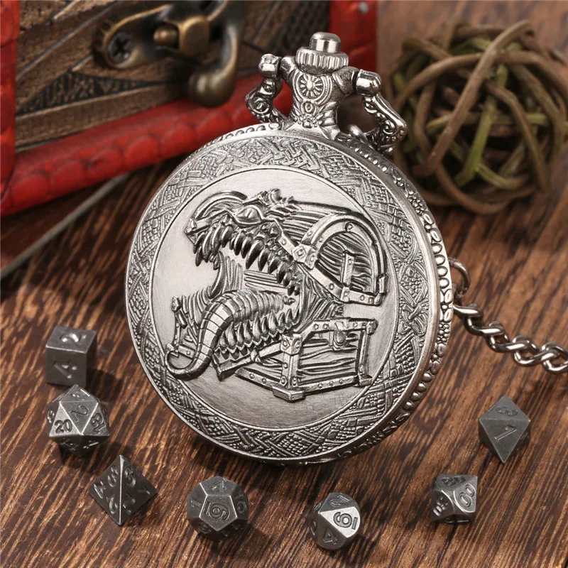 Steampunk Tongue Treasure Box Pocket Watch Empty Case Pendant Chain with 7 X Mini Size Metal Polyhedral Dice for Role Play Game