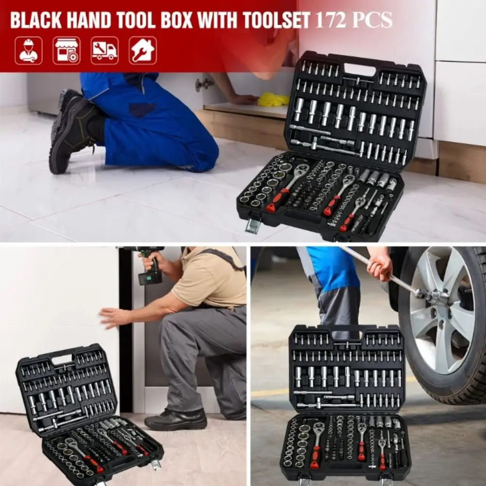 

Черный набор для обслуживания Набор инструментов из хромированной стали Реверсивная ручка с храповым механизмом Набор из 172 предметов Набор инструментов с головкой Многофункциональный дизайн