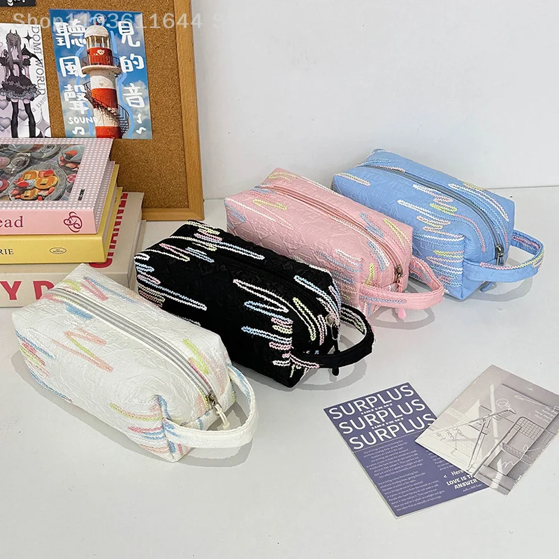

Trendy Simple Embroidered Cosmetic Bag Fashion Handbag Travel Portable Toiletry Large Capacity Pencil Case Storage Bag Girl Gift