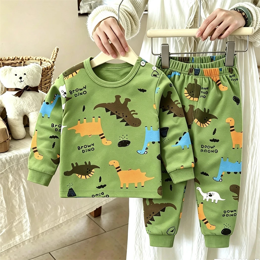 Baby Clothing Bundles - ベビーパジャマスーツ恐竜フルプリントトップス + パンツ 2 点セット春秋子供のホーム服かわいいプルオーバールーズズボン