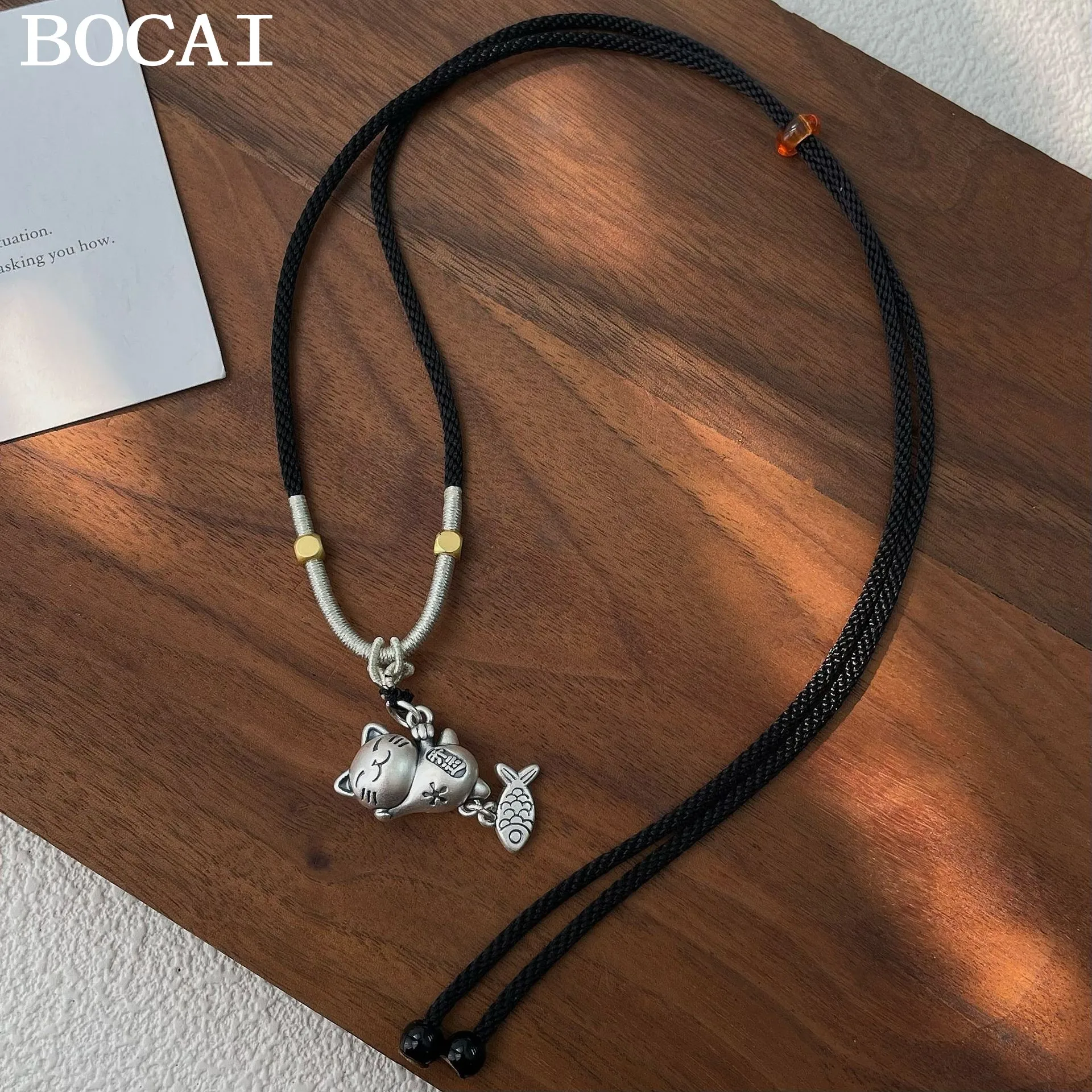 

BOCAI NEW S925 Pure Silver Vintage Niche Woven Lucky Cat Pendant Adjustable Necklace