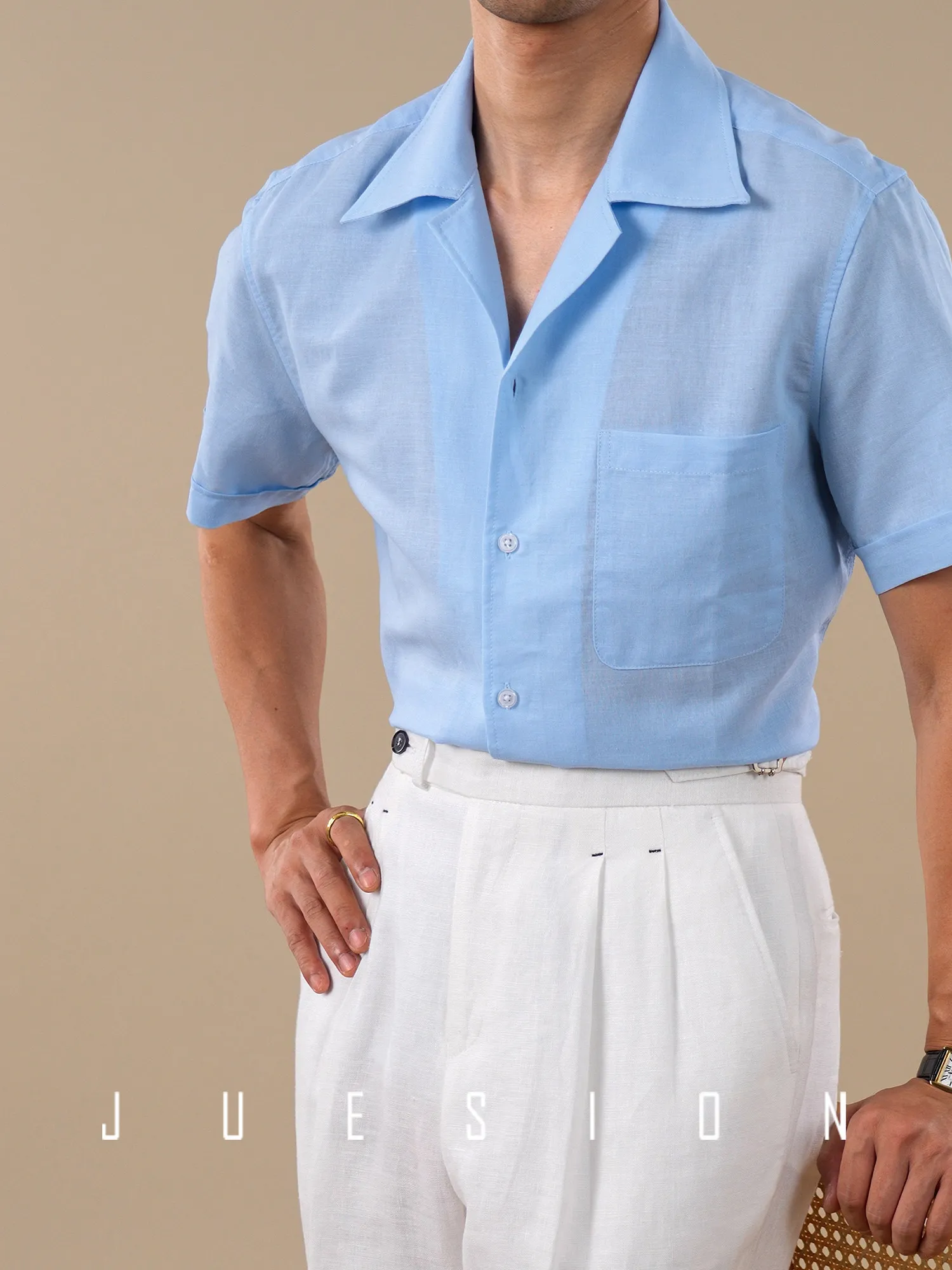 Cuban collar short-sleeved shirt men's summer cotton and linen blended thin breathable business casual premium shirt