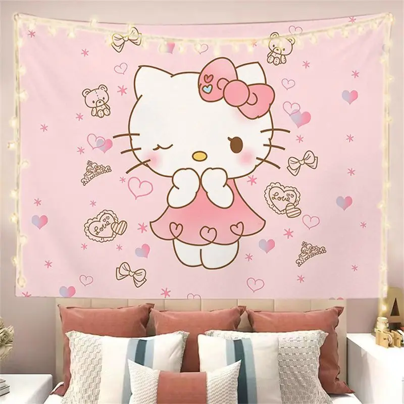 Hello Kitty Cartoon Tapestry Home Decor Kawaii Girls Student Dormitory Bedroom Living Room Wall Decoration Design Birthday Gift