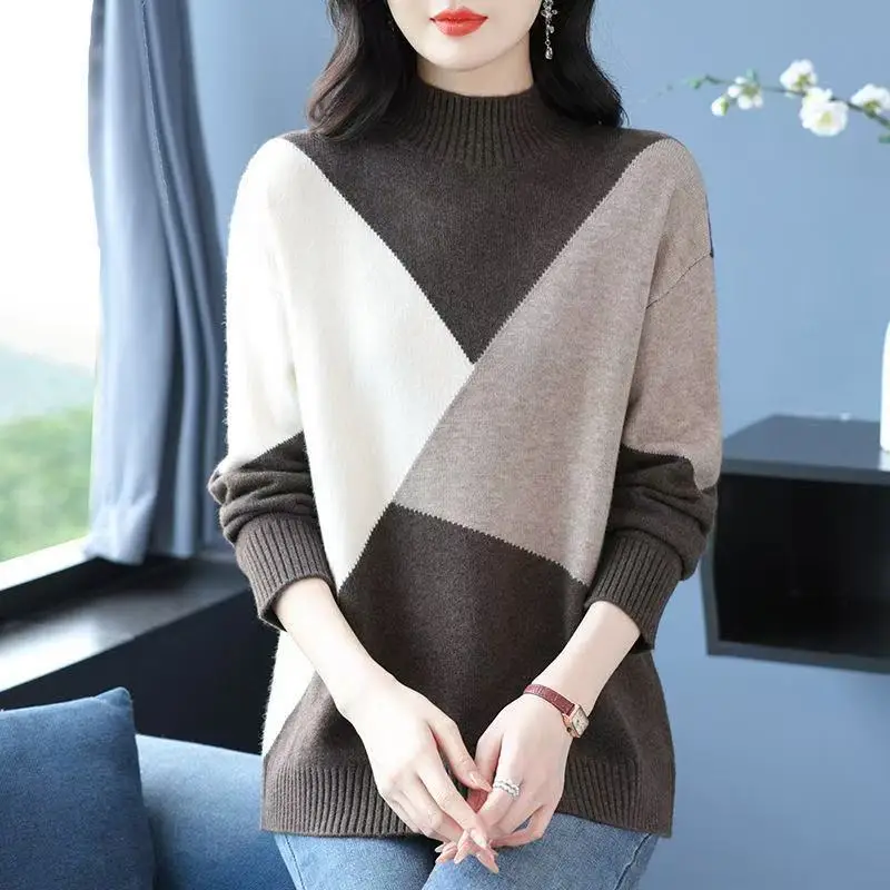 

NEW Long-sleeved Knitted Bottoming Shirt Female Top 2026 Autumn Winter Color Matching Half Turtleneck Sweater Women Pullover