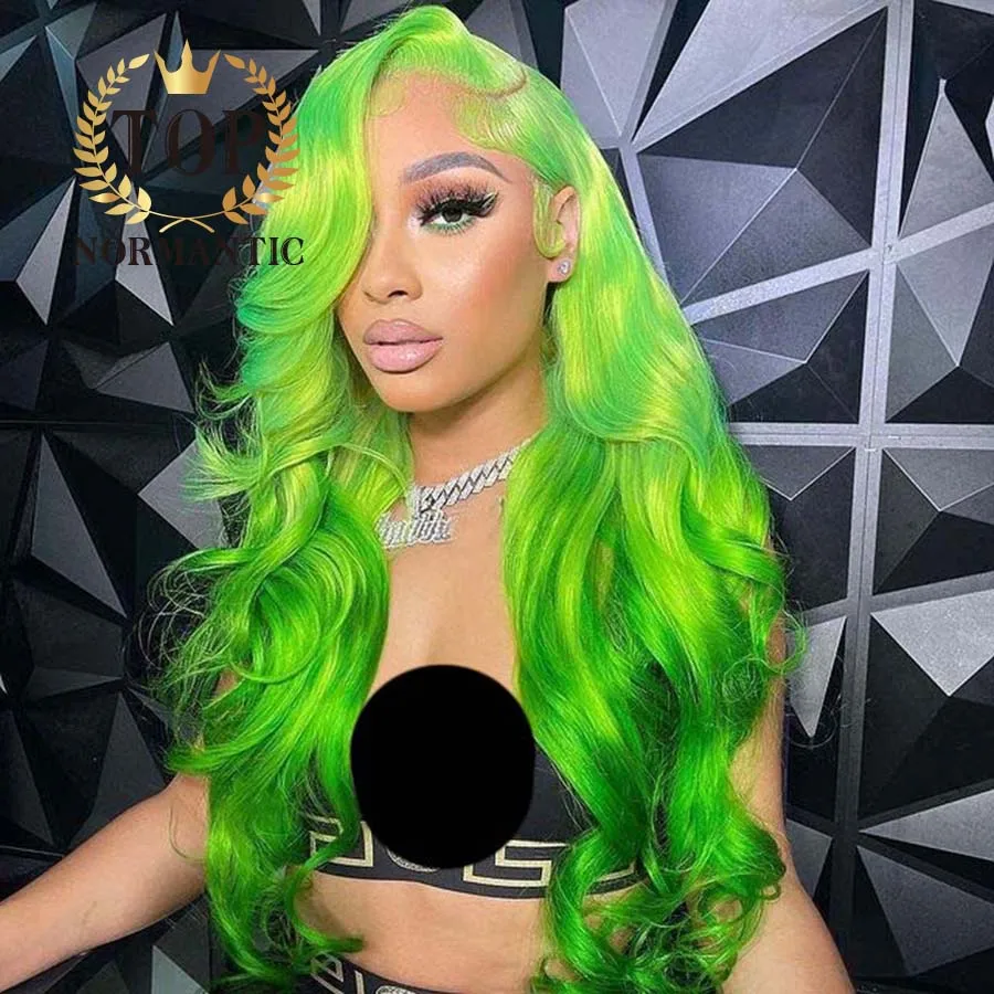 Topnormantic Ombre Bright Green Color Brazilian Hair Wig with Side Part 13x4 Transparent Lace Front Wig 13x6 Lace Wigs